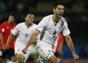 USA's Clint Dempsey reacts after scoring the team's third goal. AP Photo/Vadim Ghirda