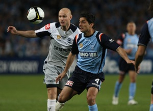 Simon Colosimo of Sydney during their round one A-League match between Sydney FC and the Melbourne Victory in Sydney. (AAP Image/Jason McCawley) 